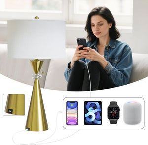 English Elm 28 Inch Brushed Gold Hourglass Table Lamp Set with USB Port and White Drum Shade T6202P575094
