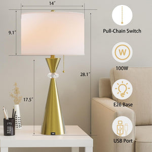 English Elm 28 Inch Brushed Gold Hourglass Table Lamp Set with USB Port and White Drum Shade T6202P575094