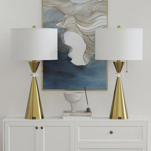 English Elm 28 Inch Brushed Gold Hourglass Table Lamp Set with USB Port and White Drum Shade T6202P575094