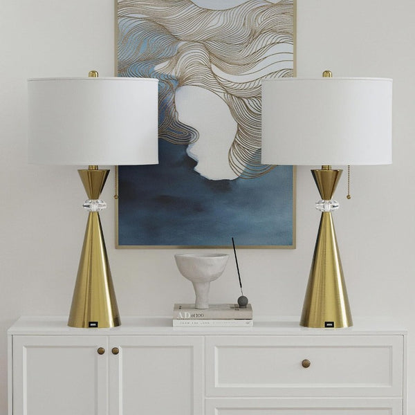 English Elm 28 Inch Brushed Gold Hourglass Table Lamp Set with USB Port and White Drum Shade T6202P575094