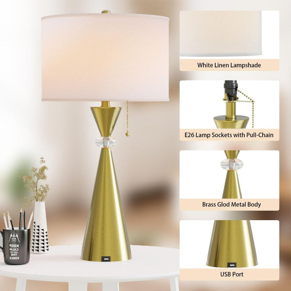 English Elm 28 Inch Brushed Gold Hourglass Table Lamp Set with USB Port and White Drum Shade T6202P575094