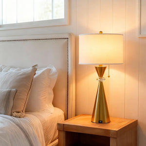 English Elm 28 Inch Brushed Gold Hourglass Table Lamp Set with USB Port and White Drum Shade T6202P575094