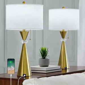 English Elm 28 Inch Brushed Gold Hourglass Table Lamp Set with USB Port and White Drum Shade T6202P575094
