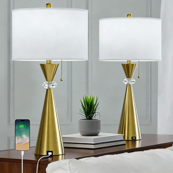 English Elm 28 Inch Brushed Gold Hourglass Table Lamp Set with USB Port and White Drum Shade T6202P575094