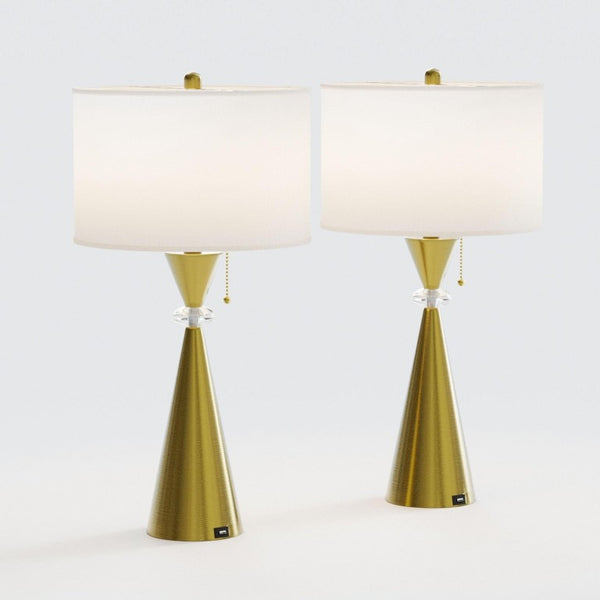 English Elm 28 Inch Brushed Gold Hourglass Table Lamp Set with USB Port and White Drum Shade T6202P575094