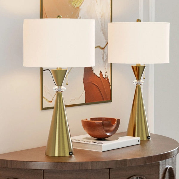 English Elm 28 Inch Brushed Gold Hourglass Table Lamp Set with USB Port and White Drum Shade T6202P575094