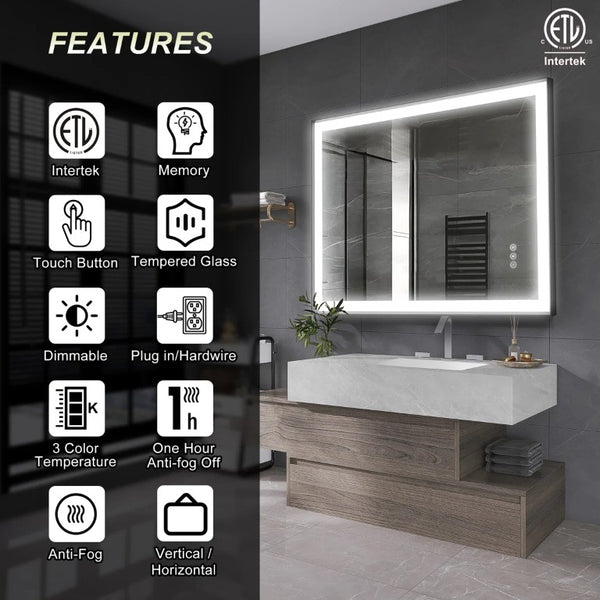 English Elm Rectangular LED Vanity Mirror with Anti Fog Tempered Glass and Adjustable Lighting T6202P575133