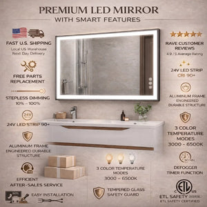 English Elm Rectangular LED Vanity Mirror with Anti Fog Tempered Glass and Adjustable Lighting T6202P575133