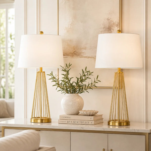 English Elm 27 Inch Brass Openwork Table Lamp Set Paired with Soft Drum Shade for Bedroom T6202P578558
