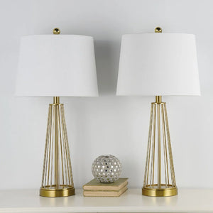 English Elm 27 Inch Brass Openwork Table Lamp Set Paired with Soft Drum Shade for Bedroom T6202P578558