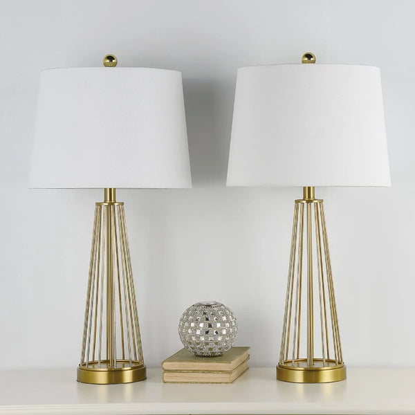 English Elm 27 Inch Brass Openwork Table Lamp Set Paired with Soft Drum Shade for Bedroom T6202P578558