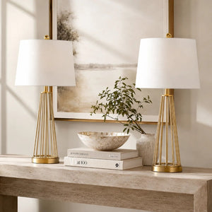English Elm 27 Inch Brass Openwork Table Lamp Set Paired with Soft Drum Shade for Bedroom T6202P578558