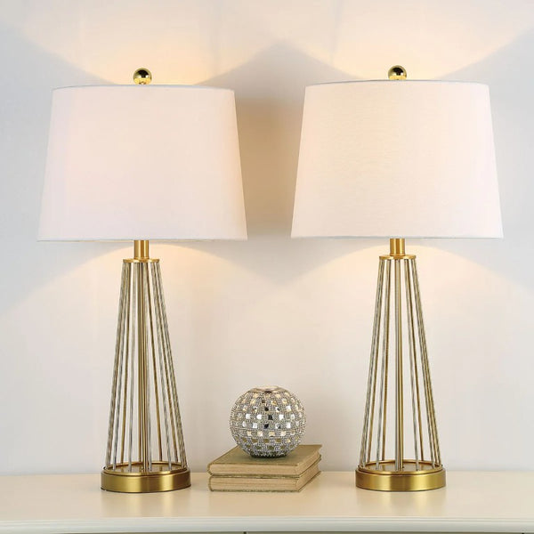 English Elm 27 Inch Brass Openwork Table Lamp Set Paired with Soft Drum Shade for Bedroom T6202P578558