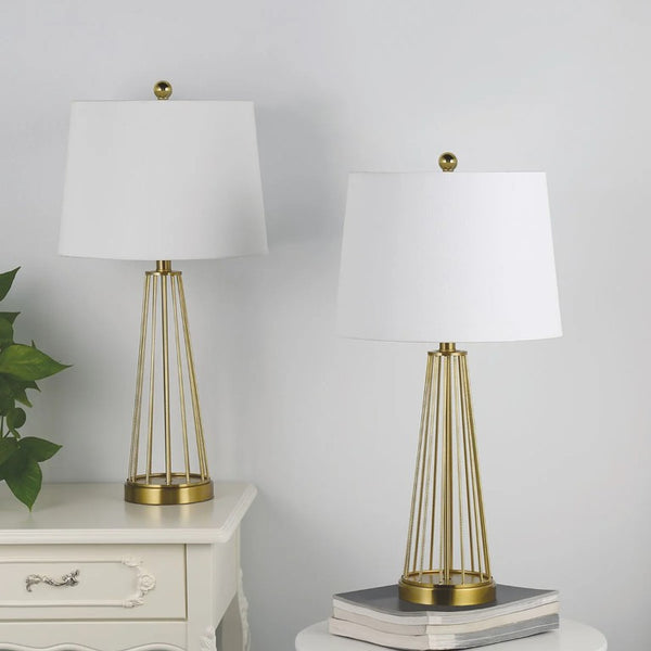 English Elm 27 Inch Brass Openwork Table Lamp Set Paired with Soft Drum Shade for Bedroom T6202P578558