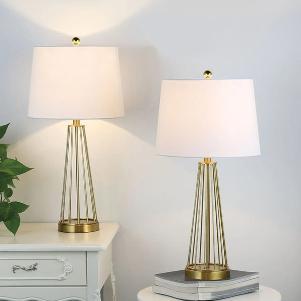 English Elm 27 Inch Brass Openwork Table Lamp Set Paired with Soft Drum Shade for Bedroom T6202P578558