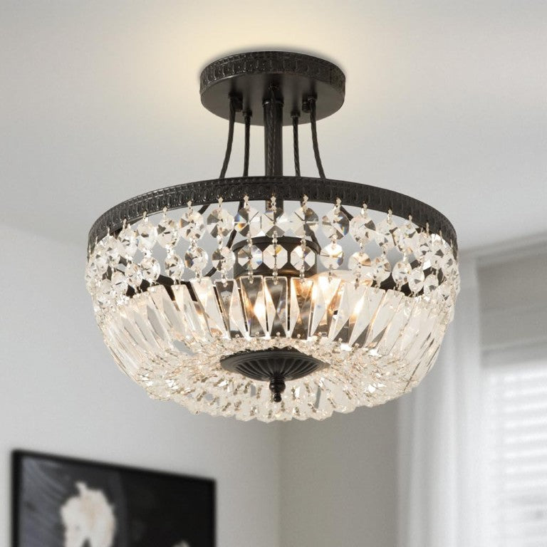 English Elm 12 Inch K9 Crystal Semi Flush Mount Chandelier Three Light Antique Black Farmhouse Fixture T6202P580255