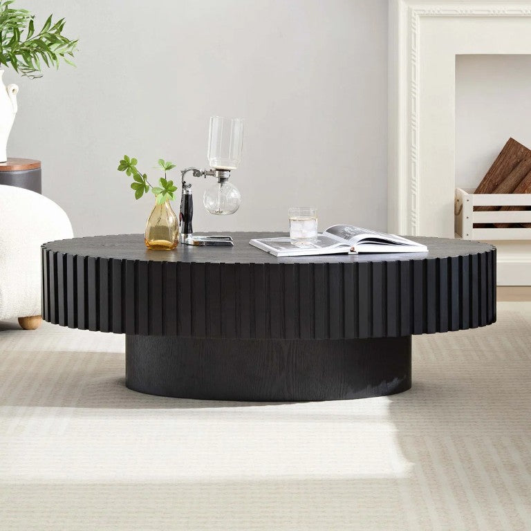 English Elm Oval Concrete Toned Coffee Table with Hand Carved Relief Motifs for Modern Living Rooms T6202P580280