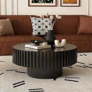 English Elm 31.5 Inch Round Carved Wood Coffee Table with Pedestal Base for Living Room Decor T6202P580284