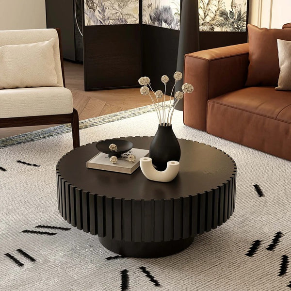 English Elm 31.5 Inch Round Carved Wood Coffee Table with Pedestal Base for Living Room Decor T6202P580284