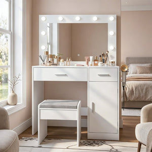 English Elm Vanity Desk with LED Bulb Mirror Built in Power Strip White Bedroom Beauty Station T6223P528795