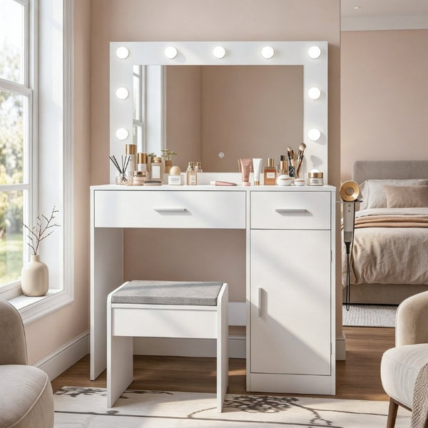 English Elm Vanity Desk with LED Bulb Mirror Built in Power Strip White Bedroom Beauty Station T6223P528795