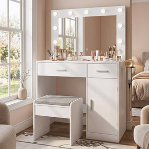 English Elm Vanity Desk with LED Bulb Mirror Built in Power Strip White Bedroom Beauty Station T6223P528795