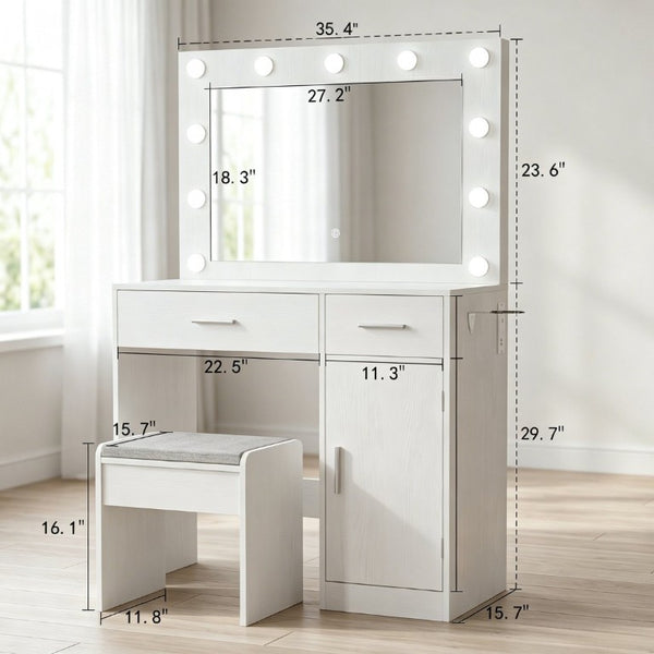 English Elm Vanity Desk with LED Bulb Mirror Built in Power Strip White Bedroom Beauty Station T6223P528795