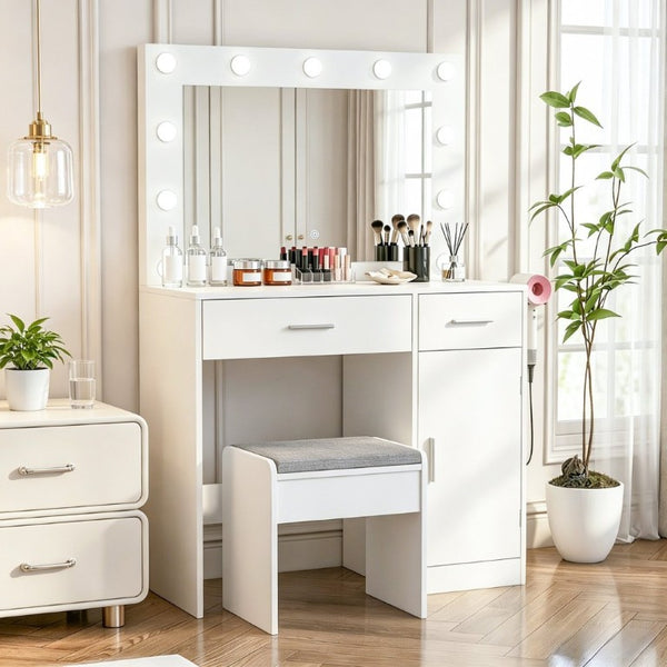 English Elm Vanity Desk with LED Bulb Mirror Built in Power Strip White Bedroom Beauty Station T6223P528795