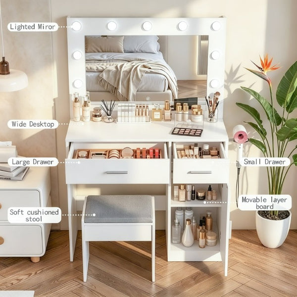 English Elm Vanity Desk with LED Bulb Mirror Built in Power Strip White Bedroom Beauty Station T6223P528795
