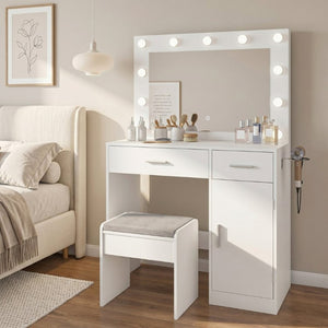 English Elm Vanity Desk with LED Bulb Mirror Built in Power Strip White Bedroom Beauty Station T6223P528795