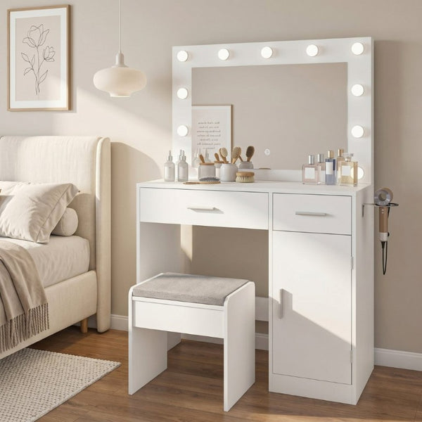 English Elm Vanity Desk with LED Bulb Mirror Built in Power Strip White Bedroom Beauty Station T6223P528795