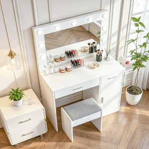 English Elm Vanity Desk with LED Bulb Mirror Built in Power Strip White Bedroom Beauty Station T6223P528795