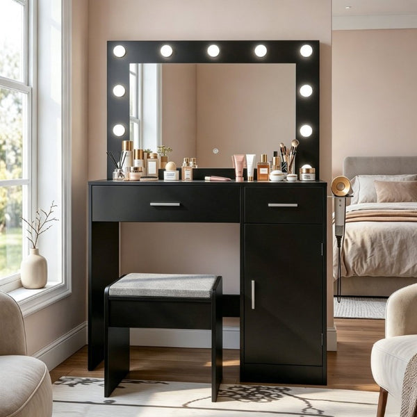 English Elm Vanity Desk with Lighted Mirror 11 LED Bulbs Power Strip Bedroom Beauty Station T6223P528808