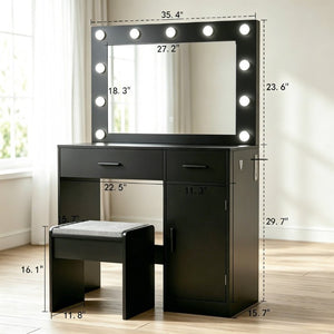 English Elm Vanity Desk with Lighted Mirror 11 LED Bulbs Power Strip Bedroom Beauty Station T6223P528808