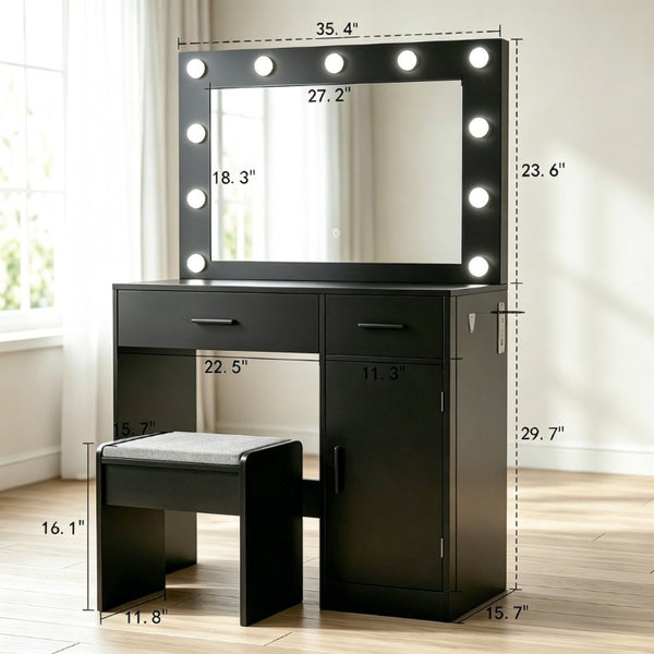 English Elm Vanity Desk with Lighted Mirror 11 LED Bulbs Power Strip Bedroom Beauty Station T6223P528808