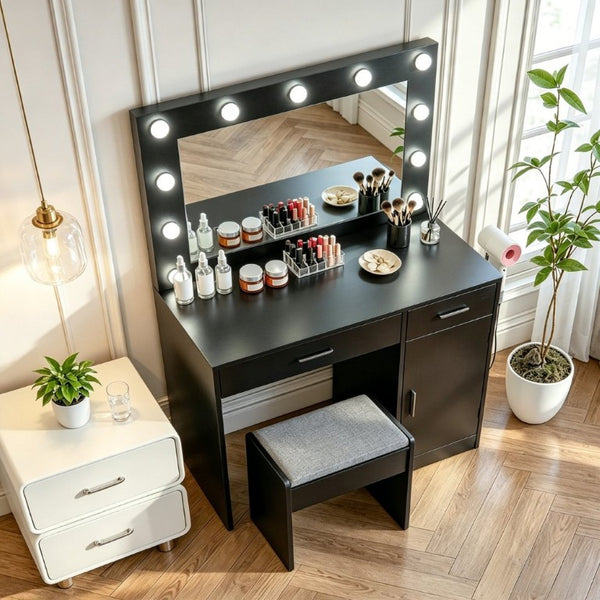 English Elm Vanity Desk with Lighted Mirror 11 LED Bulbs Power Strip Bedroom Beauty Station T6223P528808
