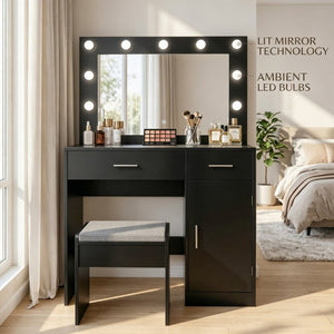 English Elm Vanity Desk with Lighted Mirror 11 LED Bulbs Power Strip Bedroom Beauty Station T6223P528808