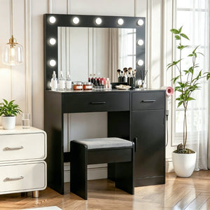 English Elm Vanity Desk with Lighted Mirror 11 LED Bulbs Power Strip Bedroom Beauty Station T6223P528808
