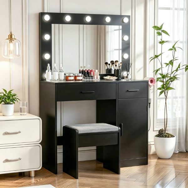 English Elm Vanity Desk with Lighted Mirror 11 LED Bulbs Power Strip Bedroom Beauty Station T6223P528808