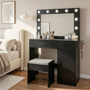 English Elm Vanity Desk with Lighted Mirror 11 LED Bulbs Power Strip Bedroom Beauty Station T6223P528808