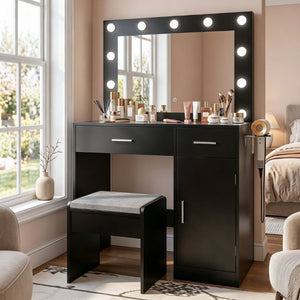 English Elm Vanity Desk with Lighted Mirror 11 LED Bulbs Power Strip Bedroom Beauty Station T6223P528808