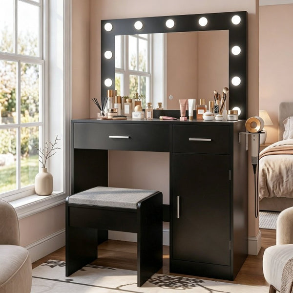 English Elm Vanity Desk with Lighted Mirror 11 LED Bulbs Power Strip Bedroom Beauty Station T6223P528808