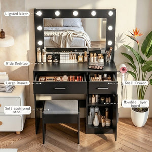 English Elm Vanity Desk with Lighted Mirror 11 LED Bulbs Power Strip Bedroom Beauty Station T6223P528808