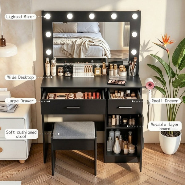 English Elm Vanity Desk with Lighted Mirror 11 LED Bulbs Power Strip Bedroom Beauty Station T6223P528808