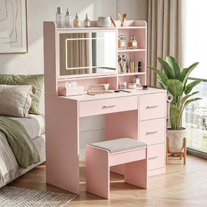 English Elm Vanity Desk Set with LED Mirror Four Drawers Power Outlets and Matching Chair for Bedroom T6223P528834