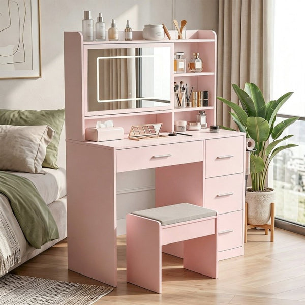 English Elm Vanity Desk Set with LED Mirror Four Drawers Power Outlets and Matching Chair for Bedroom T6223P528834