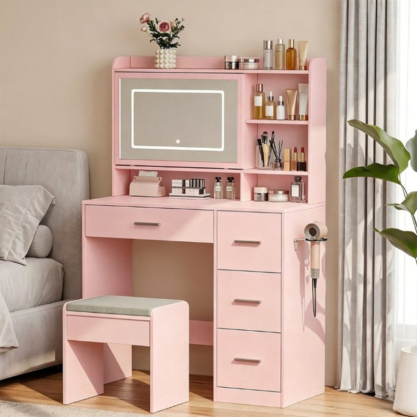 English Elm Vanity Desk Set with LED Mirror Four Drawers Power Outlets and Matching Chair for Bedroom T6223P528834