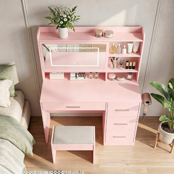English Elm Vanity Desk Set with LED Mirror Four Drawers Power Outlets and Matching Chair for Bedroom T6223P528834