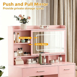 English Elm Vanity Desk Set with LED Mirror Four Drawers Power Outlets and Matching Chair for Bedroom T6223P528834