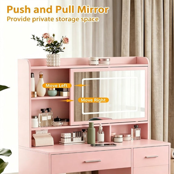 English Elm Vanity Desk Set with LED Mirror Four Drawers Power Outlets and Matching Chair for Bedroom T6223P528834